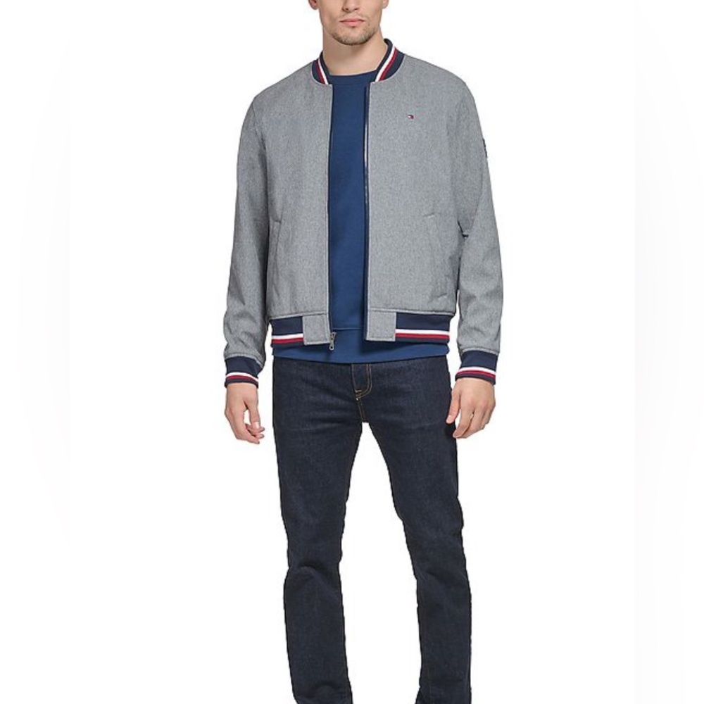 Tommy Hilfiger Jacket Men's XL Gray Bomber Lightweight Varsity Rib Knit NEW